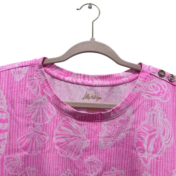NWOT Lilly Pulitzer Barreto Cotton Top Short Sleeve Gold Button Beach Pink M - Picture 4 of 12